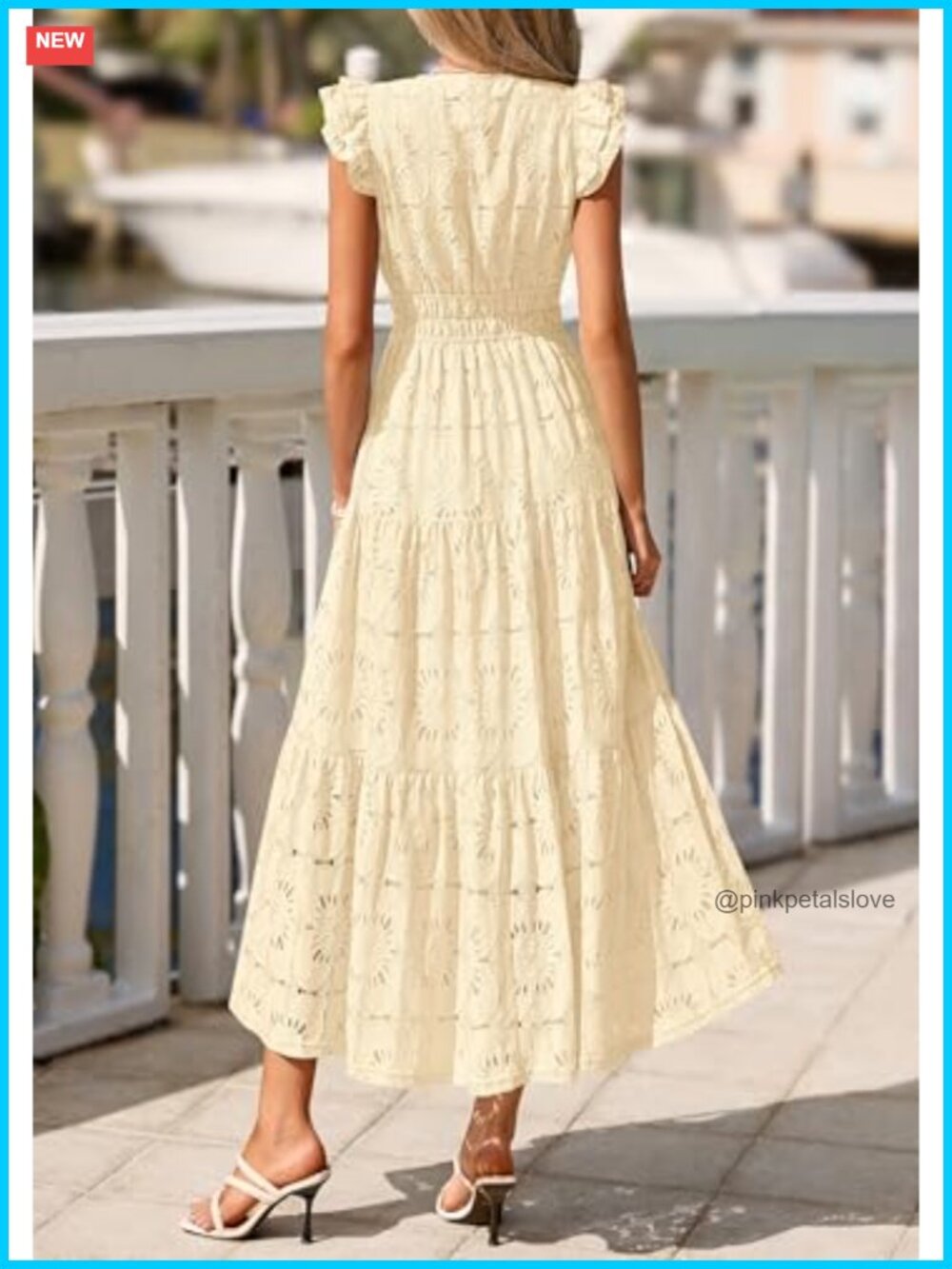 Boho Maxi Dress Flutter Sleeve V-Neck Floral Lace Eyelet Tiered Fit & Flare - Picture 3 of 6